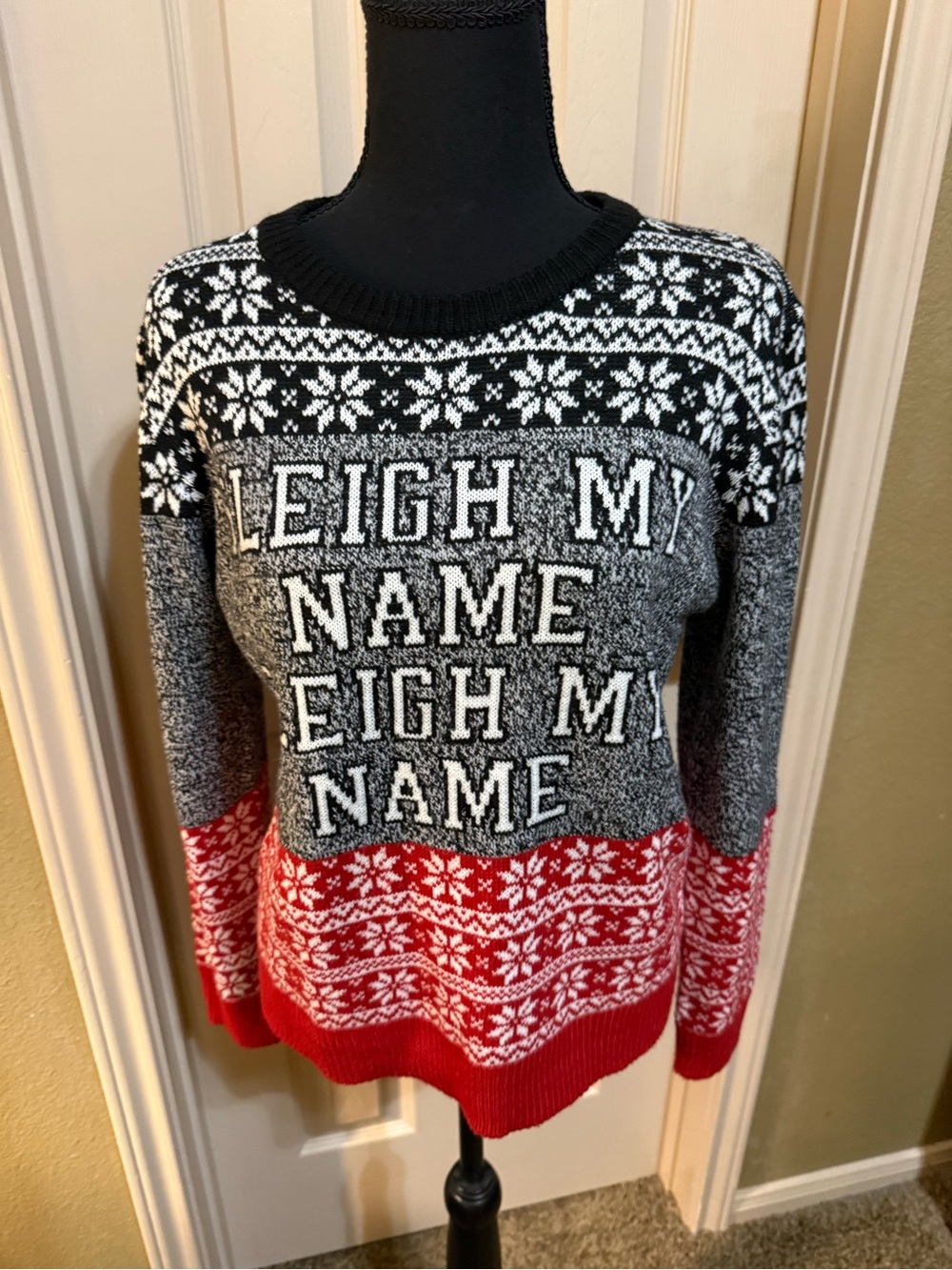 Poof “Sleigh My Name' Crewneck Sweater - Black, Gray & Red -Unisex S
